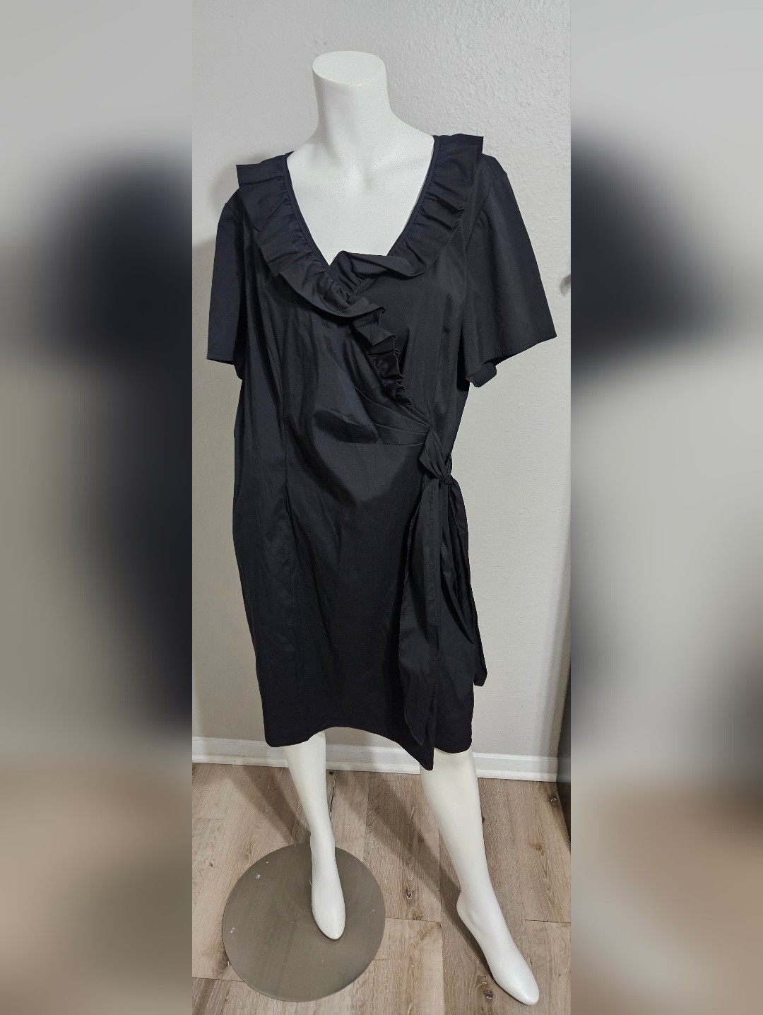 Lafayette 148 Dress Sz 18w Black Stretch Poplin Faux Wrap Short Sleeve